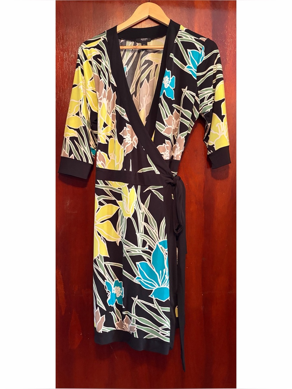 Alfani Black Floral Wrap Dress with Yellow & Teal Accents